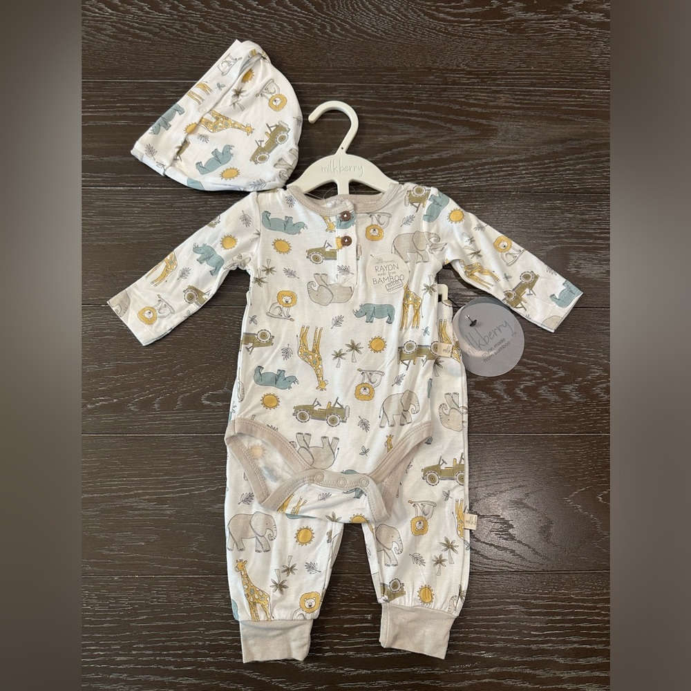 Milkberry Bamboo Baby Sleepwear 3 Piece Set with Hat, Safari Beige, NWT